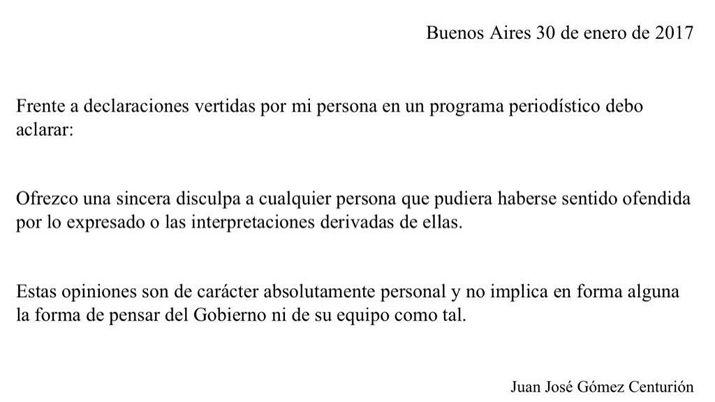 COMUNICADO- Gómez Centurión se disculpó pero no se retractó