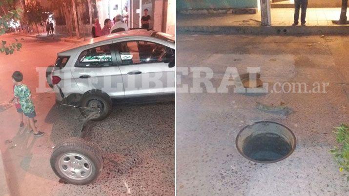 Una alcantarilla le destrozó el eje trasero a una camioneta