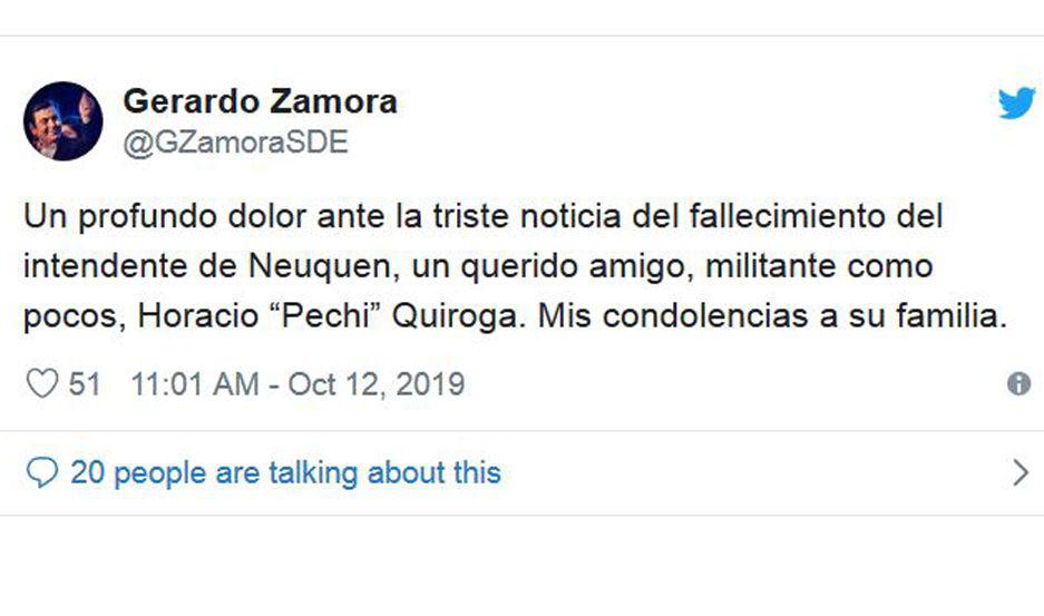 Zamora utilizó su cuenta de Twitter para expresar sus condolencias