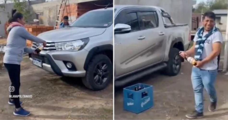 VIDEO VIRAL Se compraron una camioneta y la bautizaron con cerveza