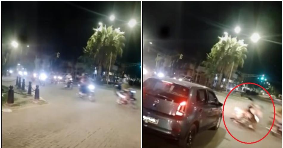 VIDEO Peligro- motociclista haciacutea picadas en La Banda cruzoacute en rojo y terminoacute derrapando