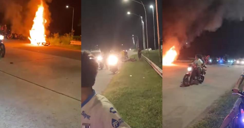 VIDEO Una moto se prendioacute fuego en plena Autopista mientras se corriacutean picadas