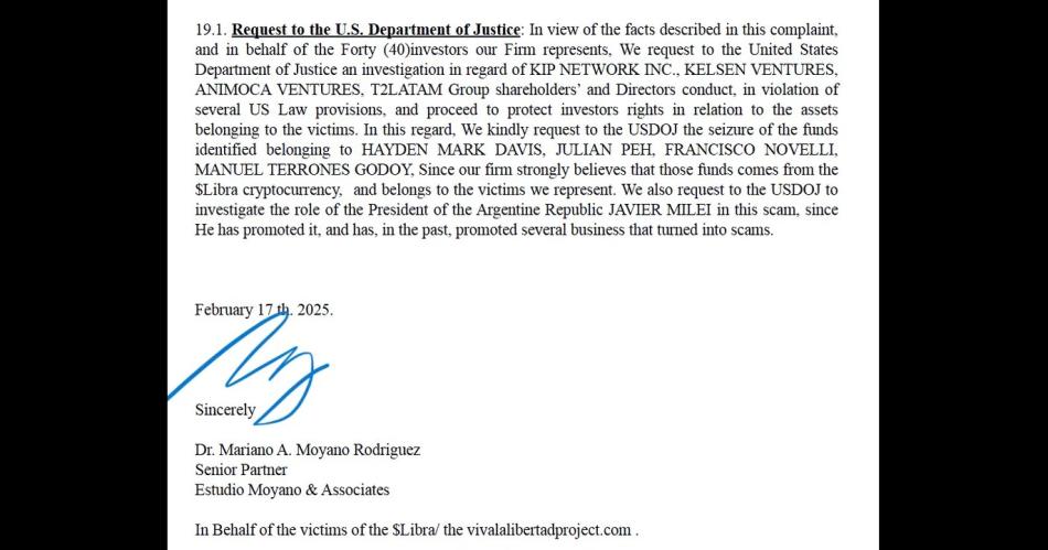 Milei fue denunciado ante el Departamento de Justicia de Estados Unidos y el FBI por el escaacutendalo de LIBRA