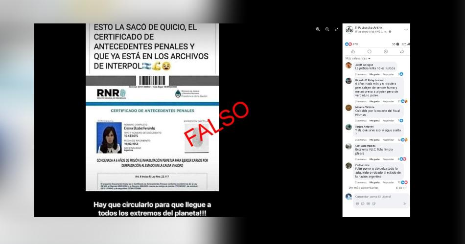 No esta imagen no es un certificado de antecedentes penales de Cristina Fernaacutendez- estaacute editada 